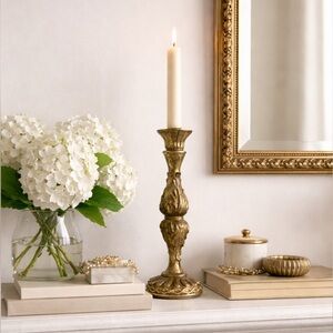 Faux Brass Candlestick Holder Antique Style Scroll Accents Black Felt Base